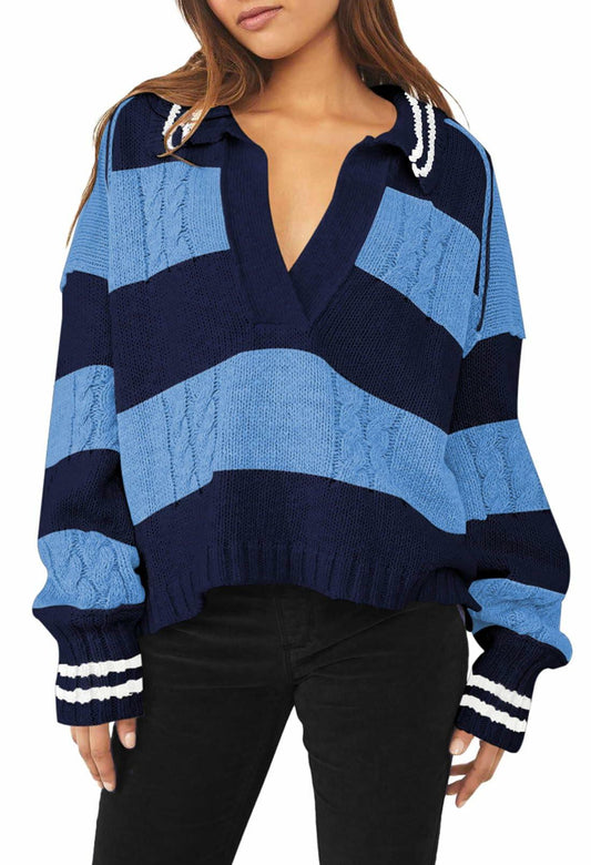 Women's Oversized Pullover Sweater V Neck Cable Knit Striped Sky Blue Size M
