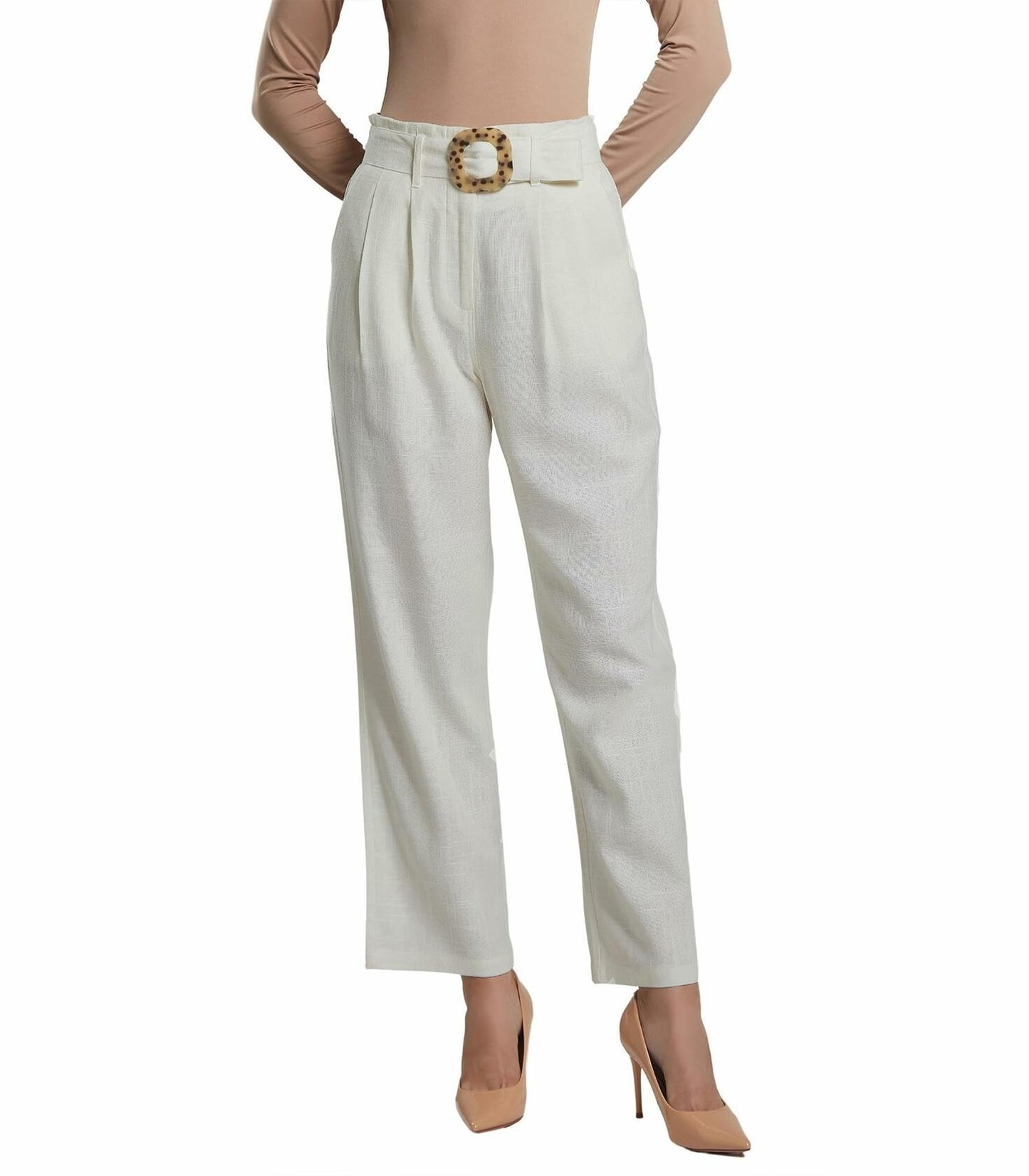 SANDY & SID Womens Linen Crop High Rise Straight Leg Pants White Size L