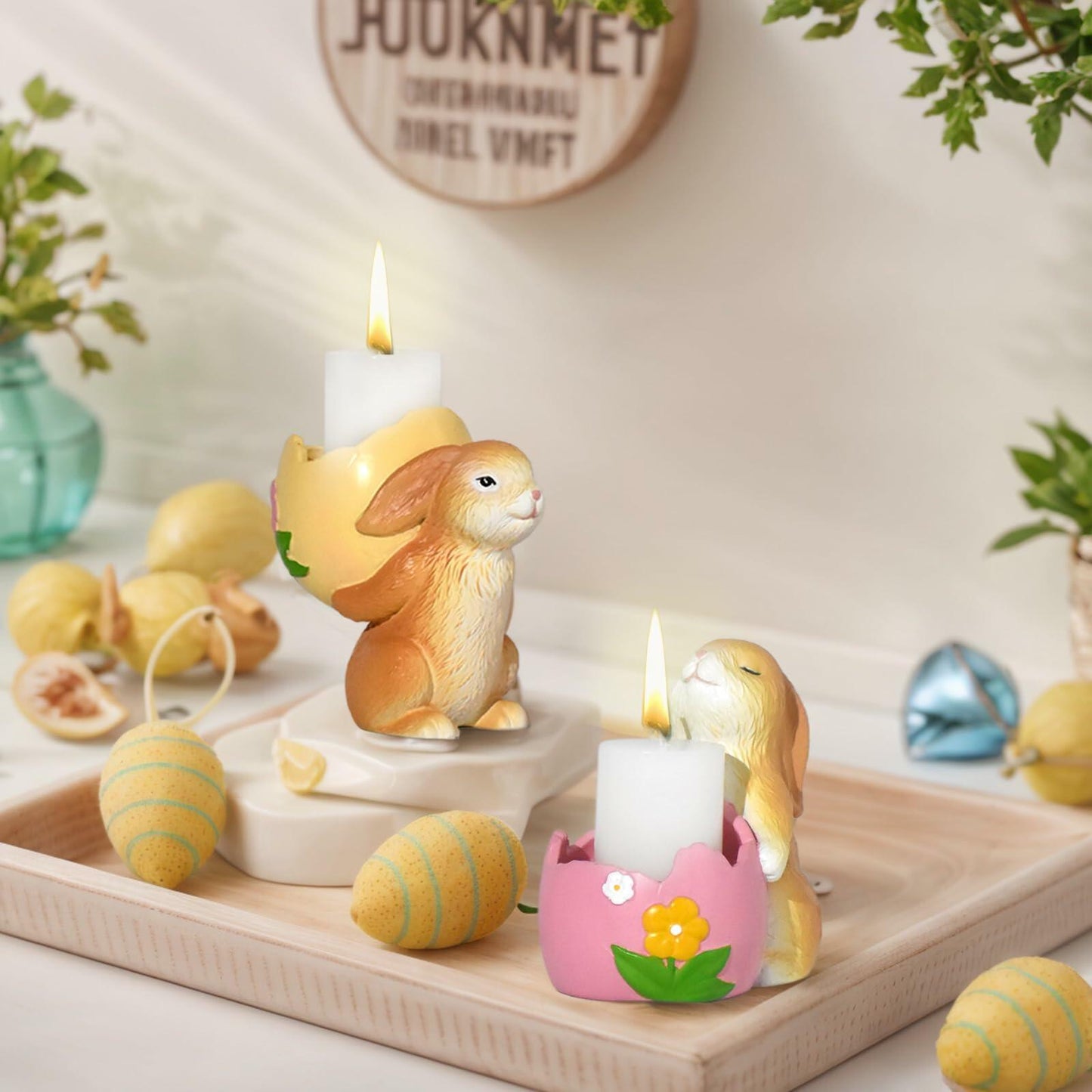 AMOYYT Easter Bunny Figurines 3.5in Resin Candle Holder Table Decor 2Pcs