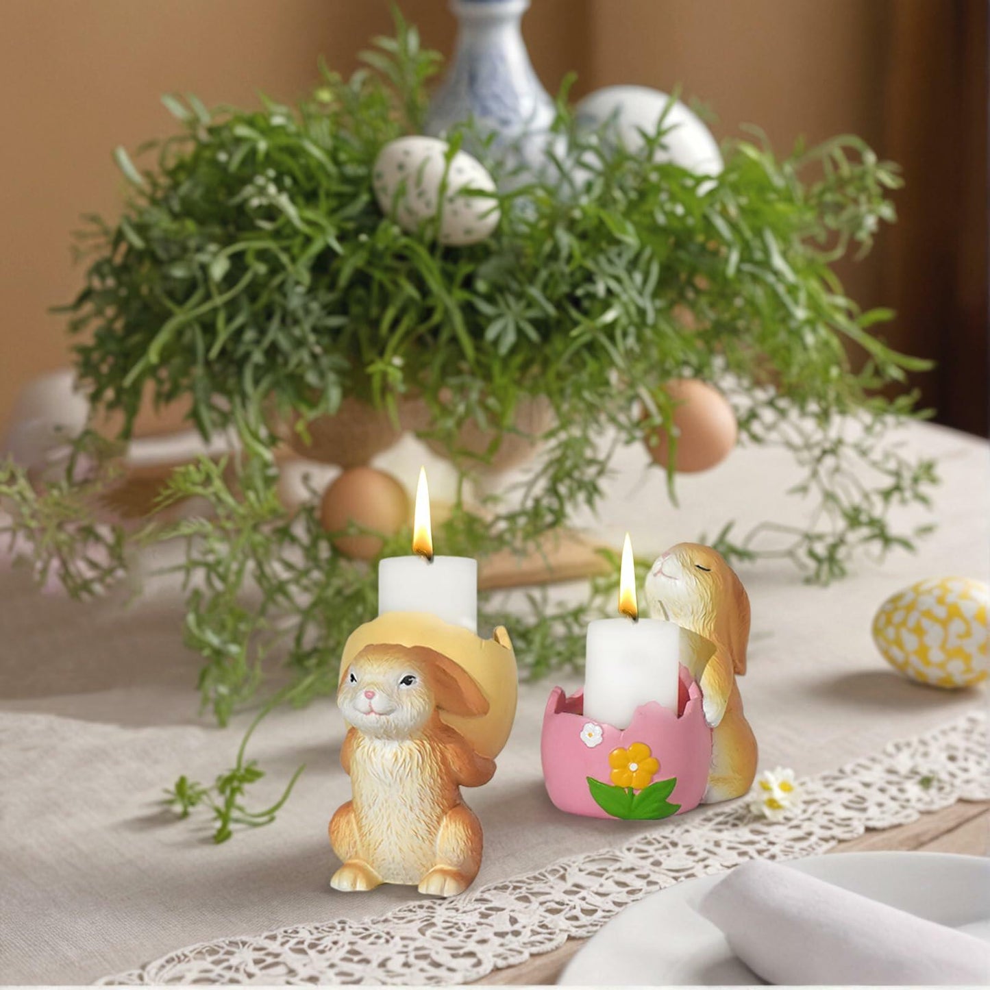 AMOYYT Easter Bunny Figurines 3.5in Resin Candle Holder Table Decor 2Pcs