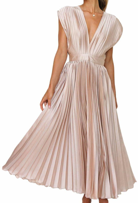kiobrvhe Satin V Neck Pleated Midi Dress High Waisted Sleeveless Pink Size M