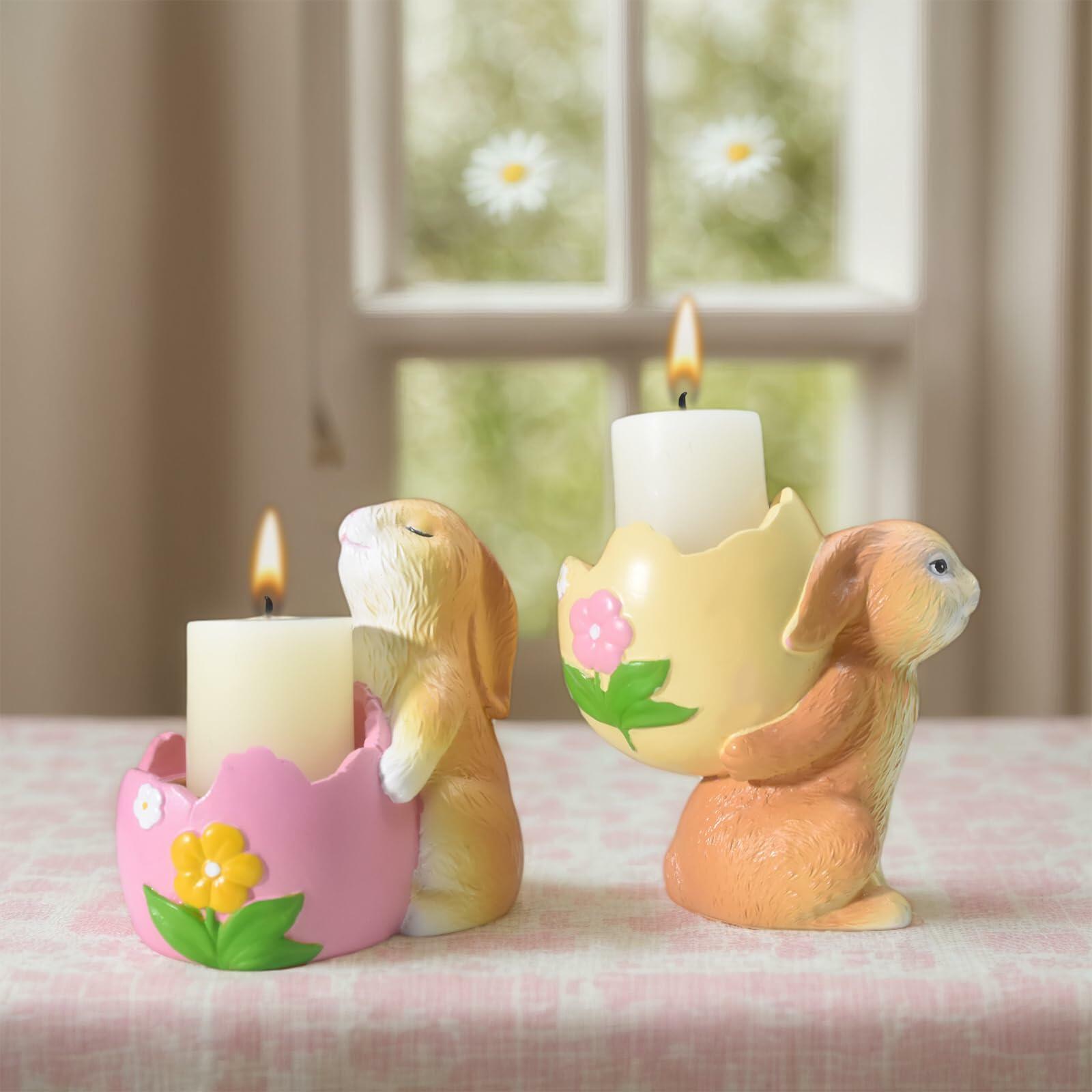 AMOYYT Easter Bunny Figurines 3.5in Resin Candle Holder Table Decor 2Pcs
