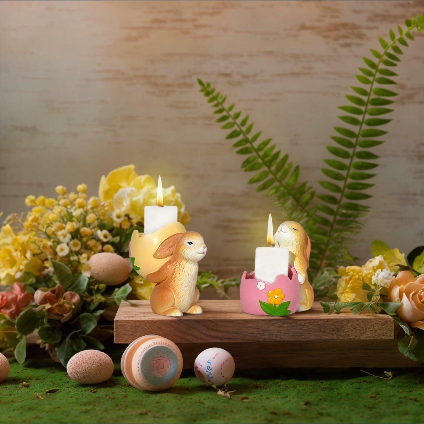AMOYYT Easter Bunny Figurines 3.5in Resin Candle Holder Table Decor 2Pcs