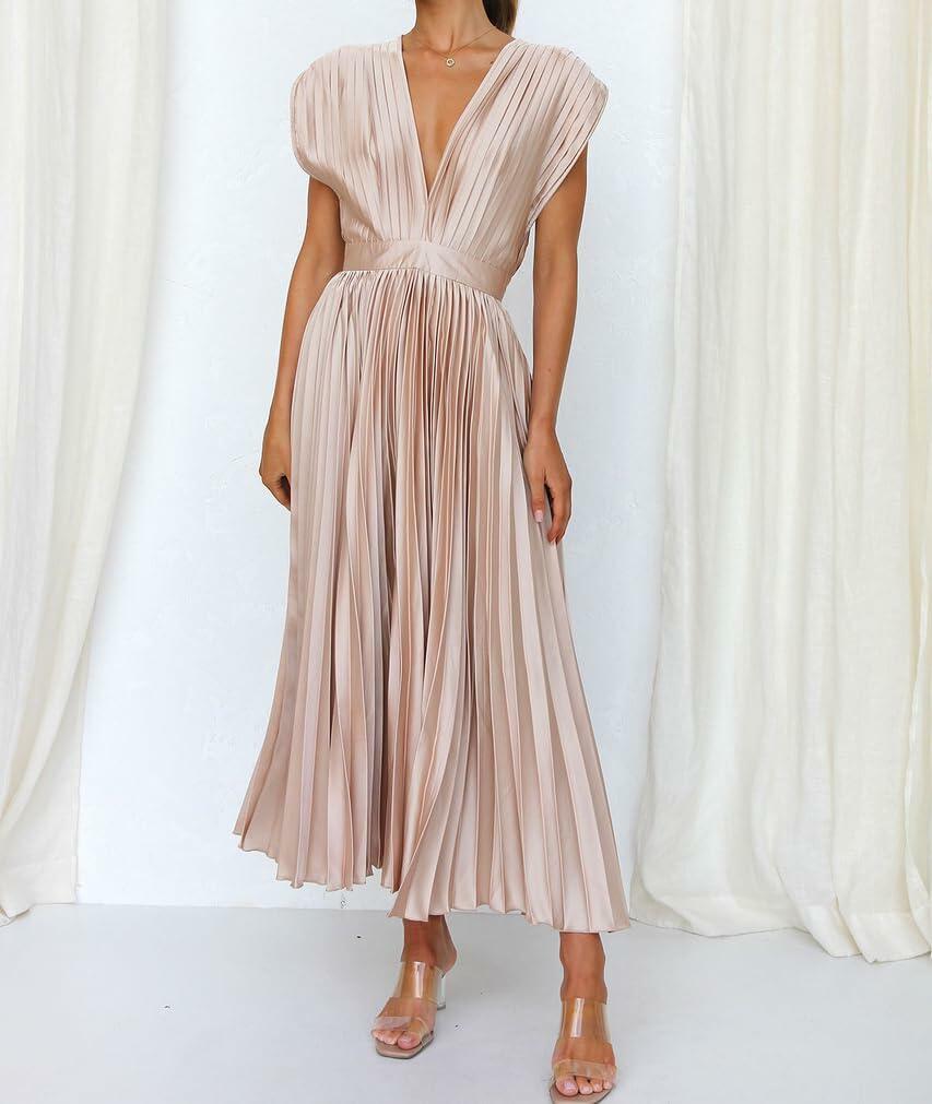 kiobrvhe Satin V Neck Pleated Midi Dress High Waisted Sleeveless Pink Size M