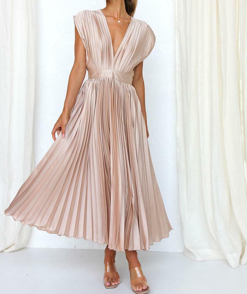 kiobrvhe Satin V Neck Pleated Midi Dress High Waisted Sleeveless Pink Size M