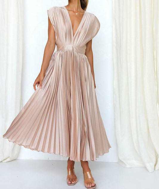 kiobrvhe Satin V Neck Pleated Midi Dress High Waisted Sleeveless Pink Size M