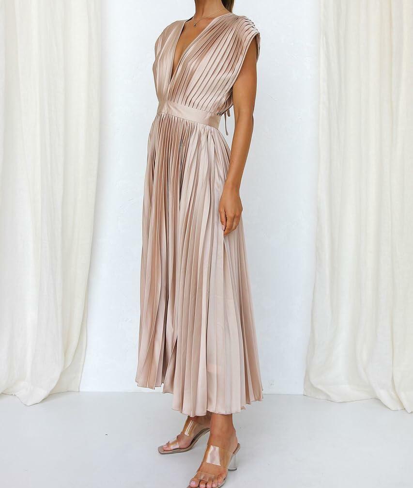 kiobrvhe Satin V Neck Pleated Midi Dress High Waisted Sleeveless Pink Size M