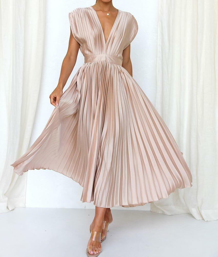 kiobrvhe Satin V Neck Pleated Midi Dress High Waisted Sleeveless Pink Size M