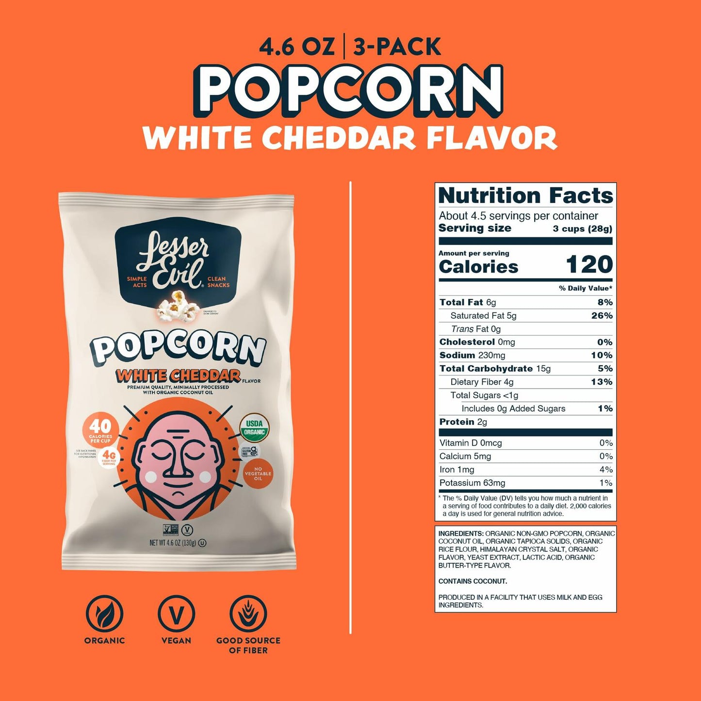 BestBy07/25 LesserEvil Organic No Cheese Cheesiness Popcorn 4.6oz Pack of 3
