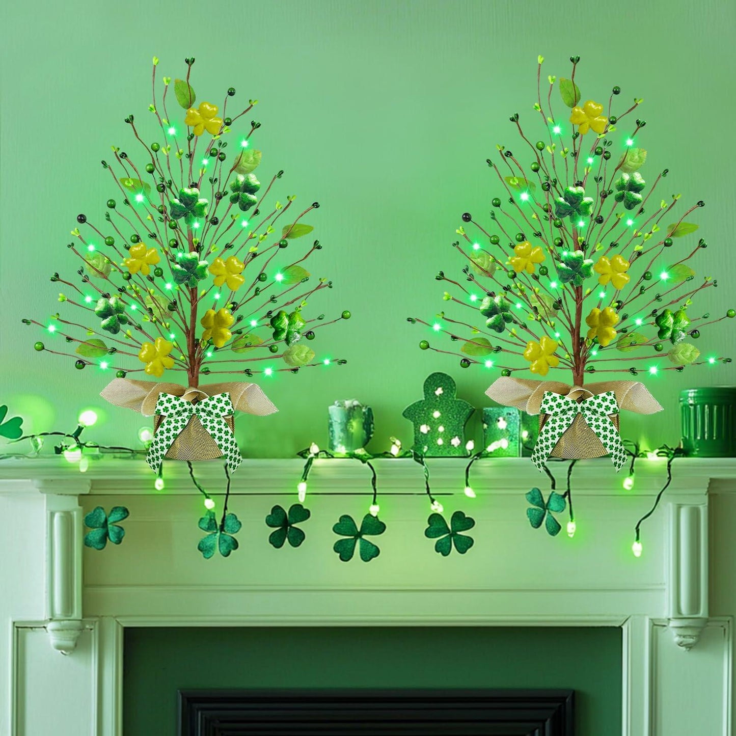 2 Pack Lighted St Patricks Day Shamrock Trees 21 Inch Battery Operated