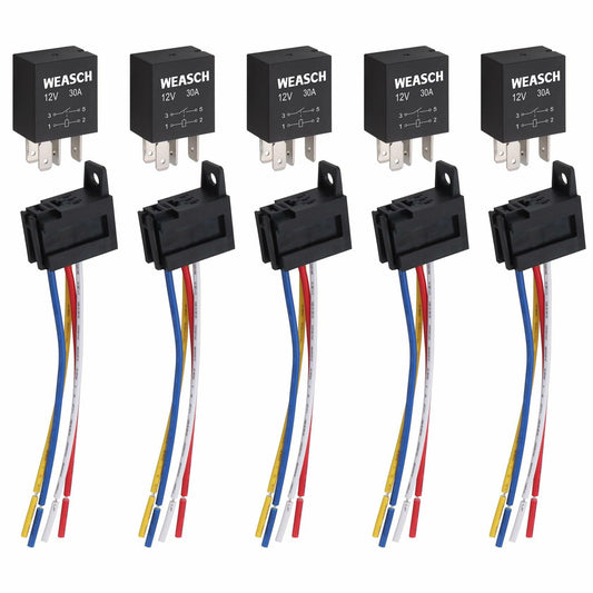 Weasch 5Pack 12V 30A SPST 4-Pin Relay with Wire Socket Plug Harness