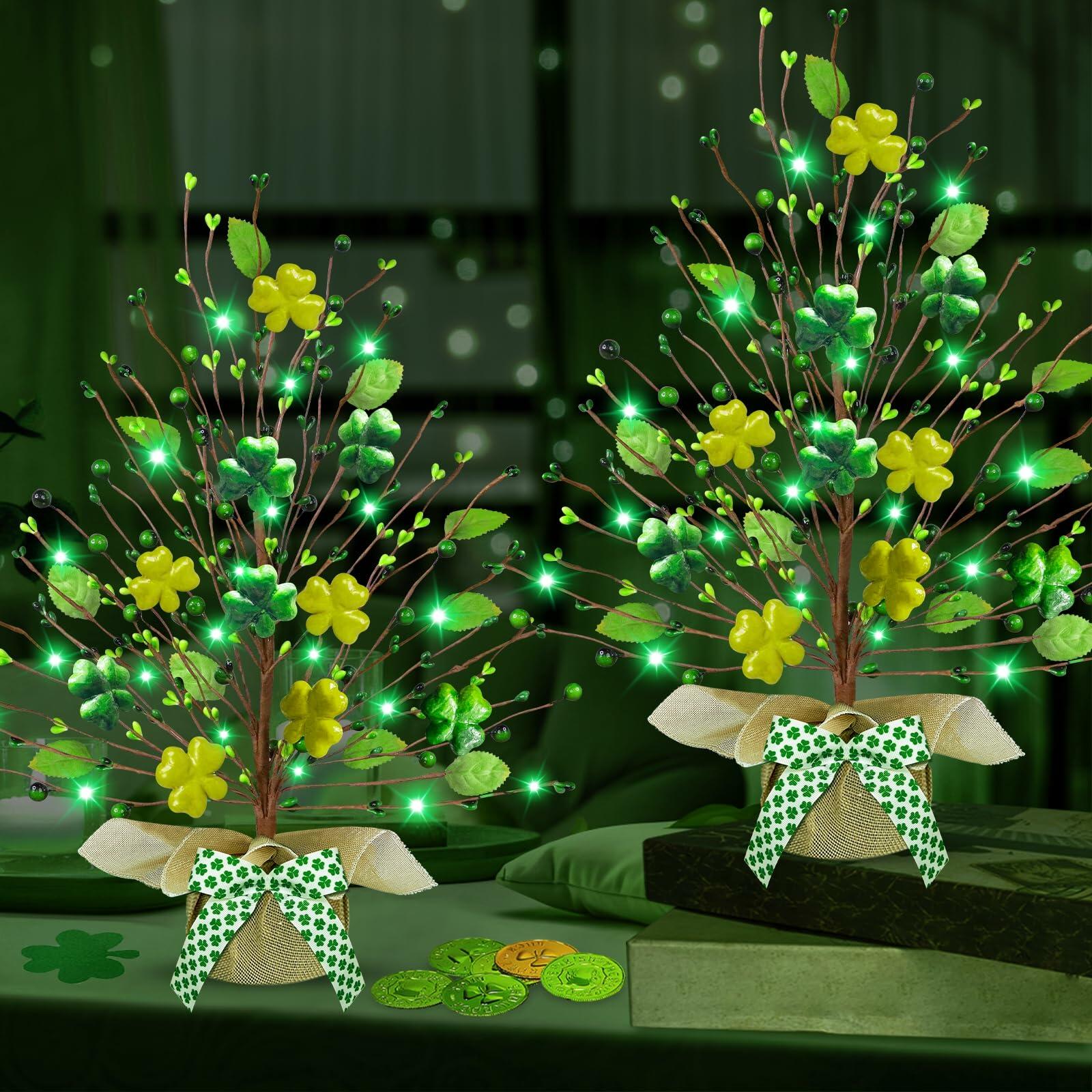 2 Pack Lighted St Patricks Day Shamrock Trees 21 Inch Battery Operated