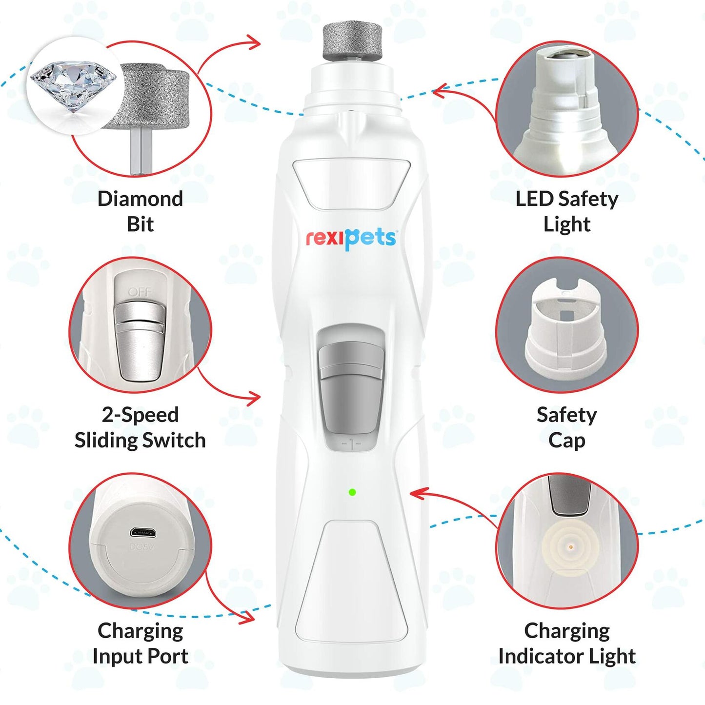 REXIPETS Cat and Dog Nail Grinder Rechargeable Quiet 2-Speed Motor 3 Size Ports