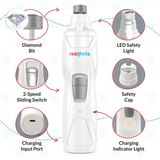 REXIPETS Cat and Dog Nail Grinder Rechargeable Quiet 2-Speed Motor 3 Size Ports
