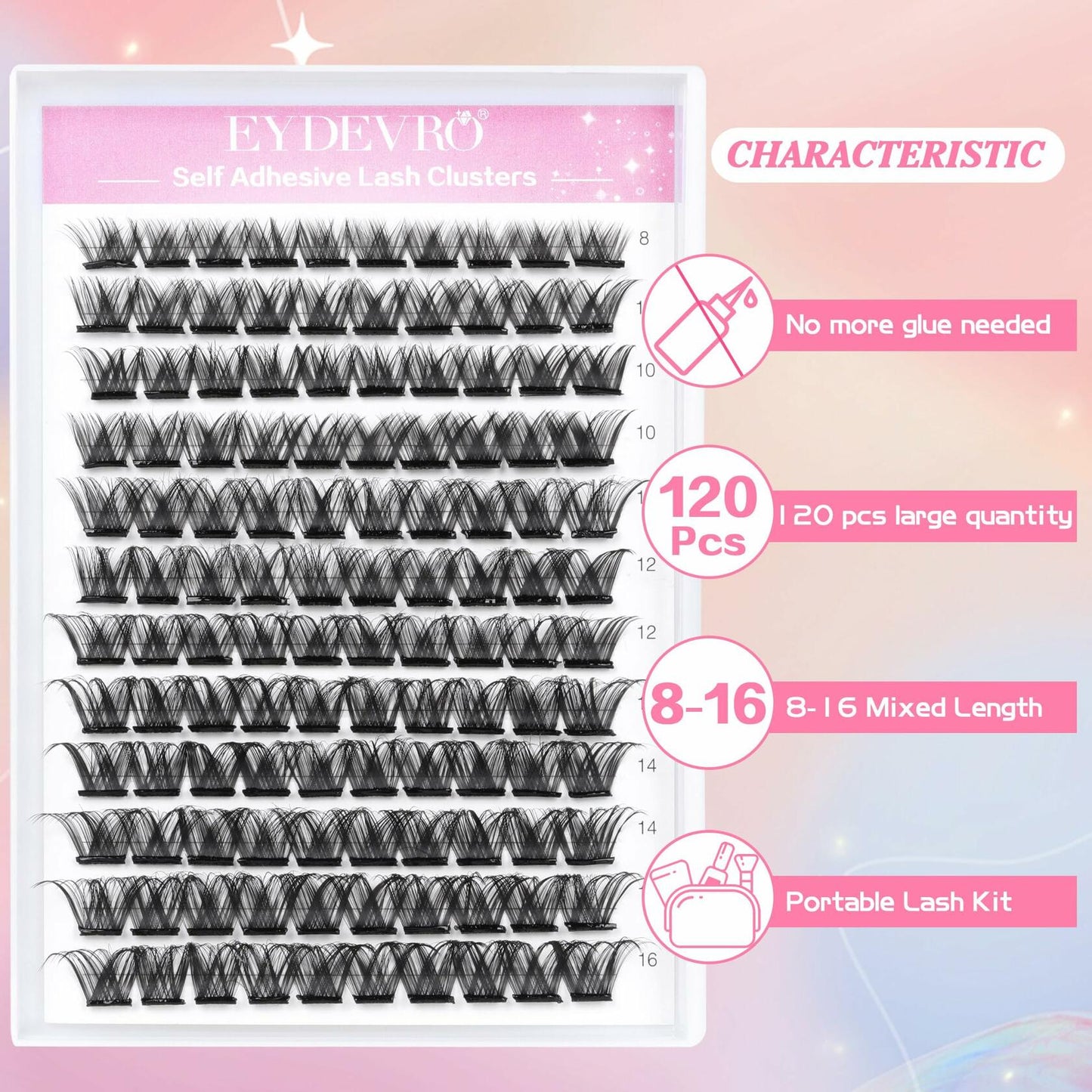 EYDEVRO Self Adhesive Lash Clusters 120pcs 8-16mm Mixed Length Reusable