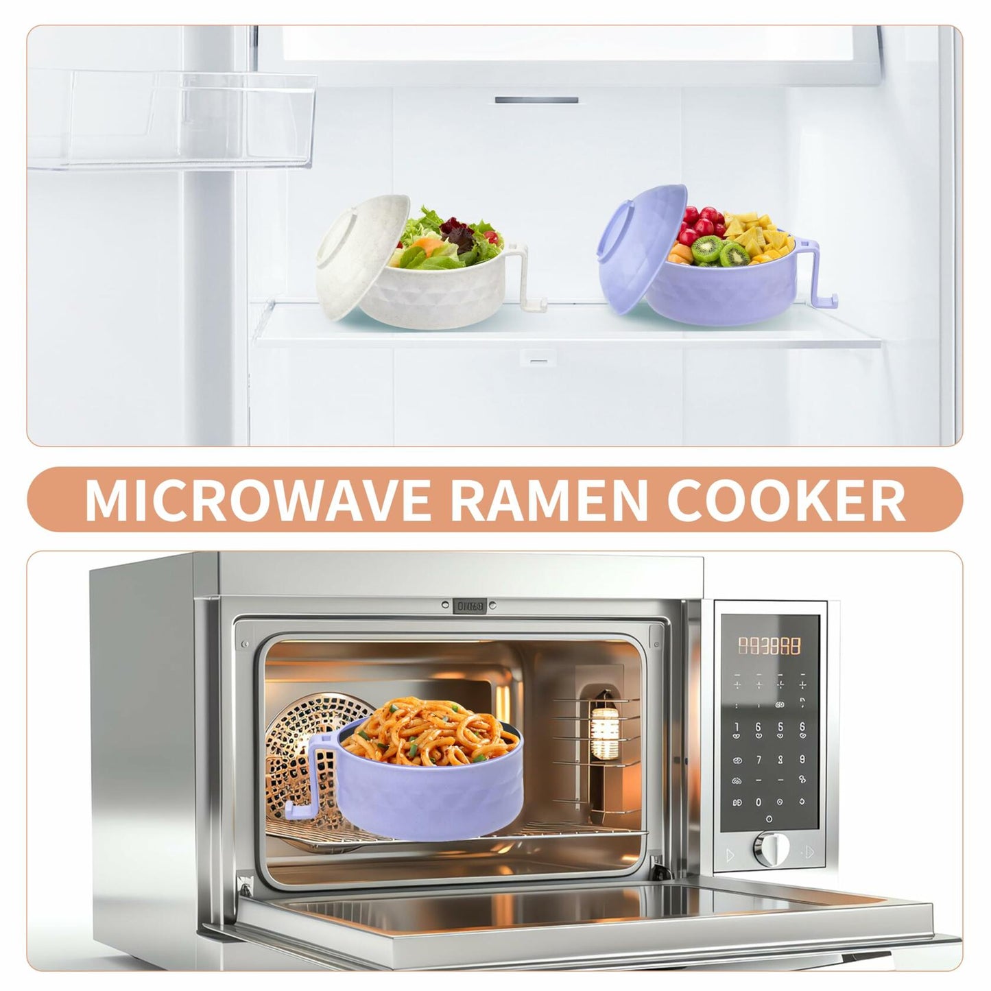 Microwave Ramen Bowl Set of 2 w/ Strainer Lid Chopsticks Phone Holder Purple