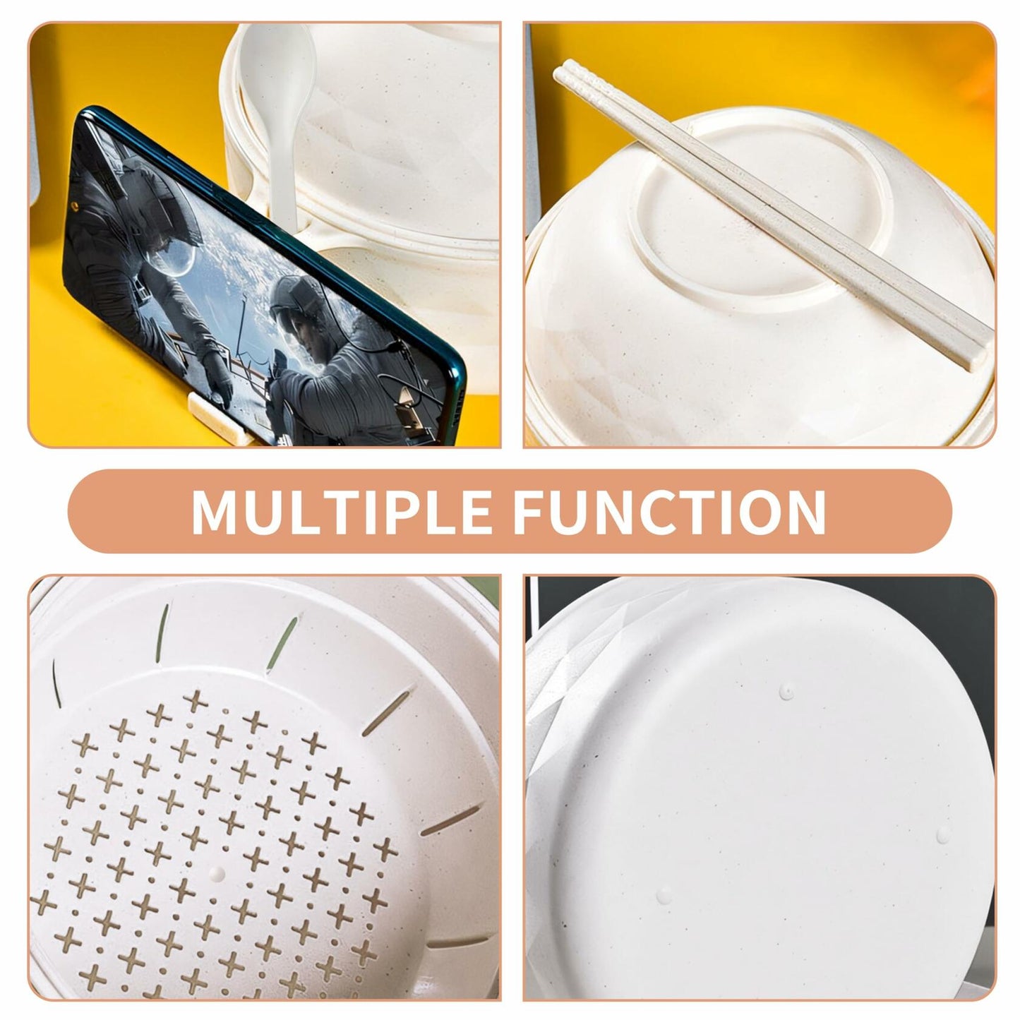 Microwave Ramen Bowl Set of 2 w/ Strainer Lid Chopsticks Phone Holder Purple