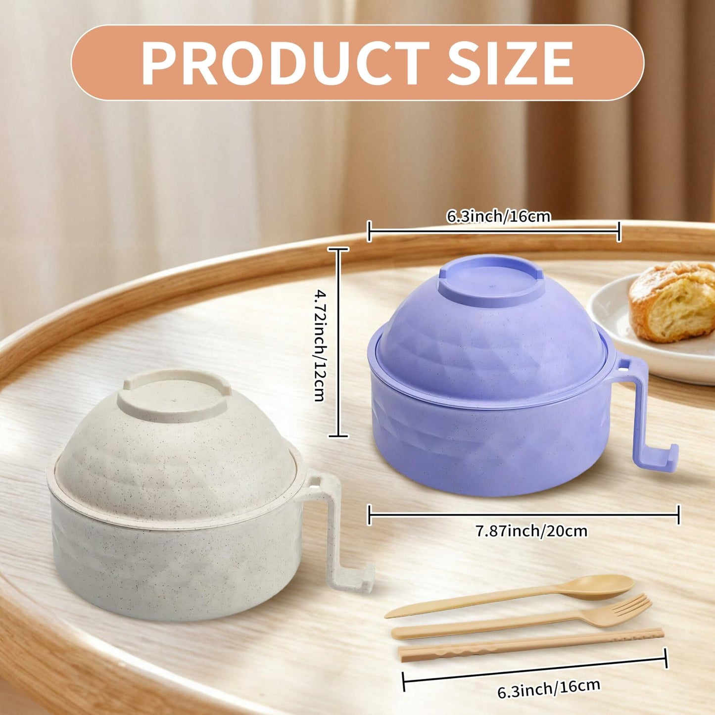 Microwave Ramen Bowl Set of 2 w/ Strainer Lid Chopsticks Phone Holder Purple