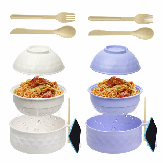 Microwave Ramen Bowl Set of 2 w/ Strainer Lid Chopsticks Phone Holder Purple