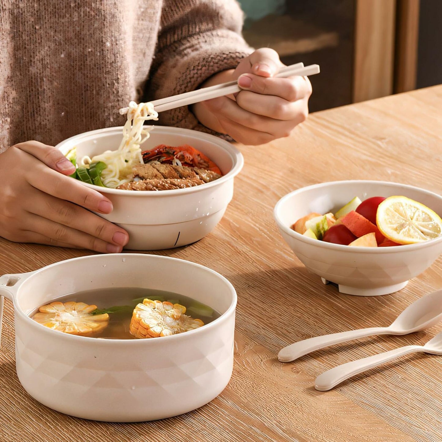 Microwave Ramen Bowl Set of 2 w/ Strainer Lid Chopsticks Phone Holder Purple