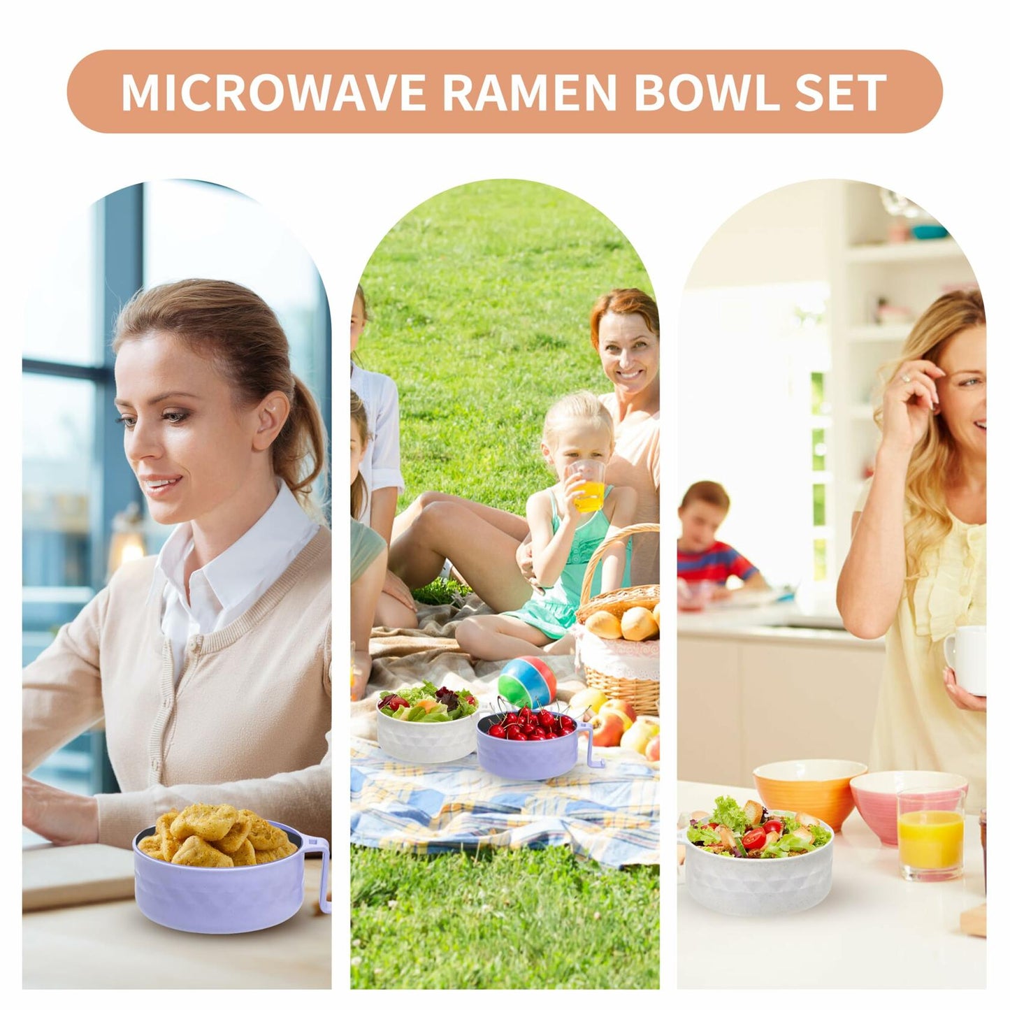 Microwave Ramen Bowl Set of 2 w/ Strainer Lid Chopsticks Phone Holder Purple