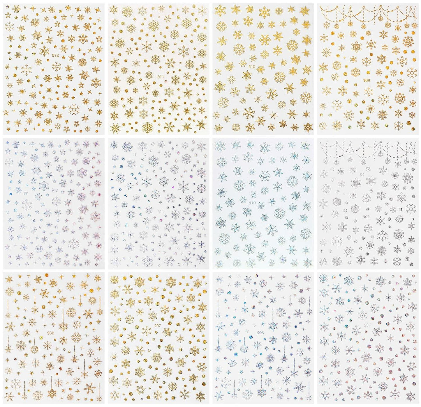 12 Sheets 3D Snowflake Nail Art Stickers Holographic Laser Gold Silver Xmas