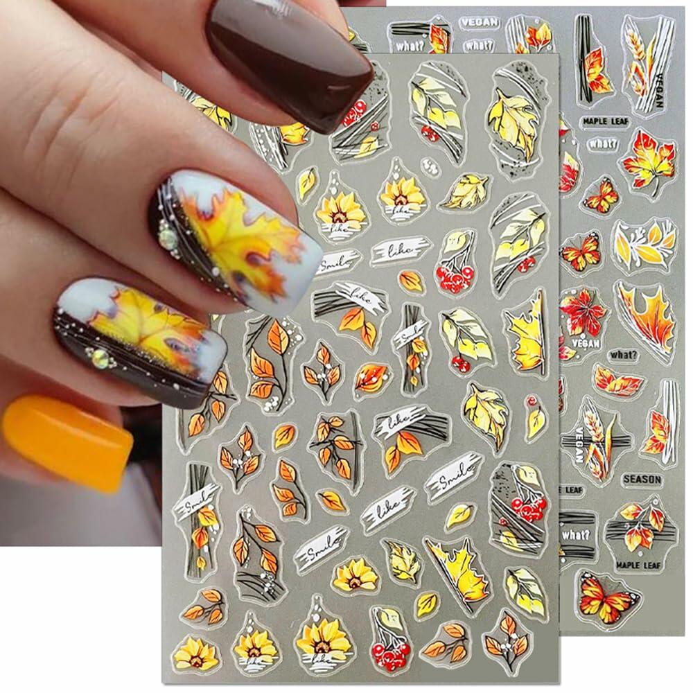 Autumn Maple Leaf 5D Nail Stickers Fall Leaves Butterfly Mushroom 6 Pcs