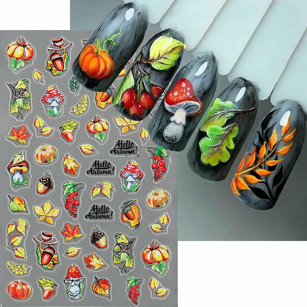 Autumn Maple Leaf 5D Nail Stickers Fall Leaves Butterfly Mushroom 6 Pcs