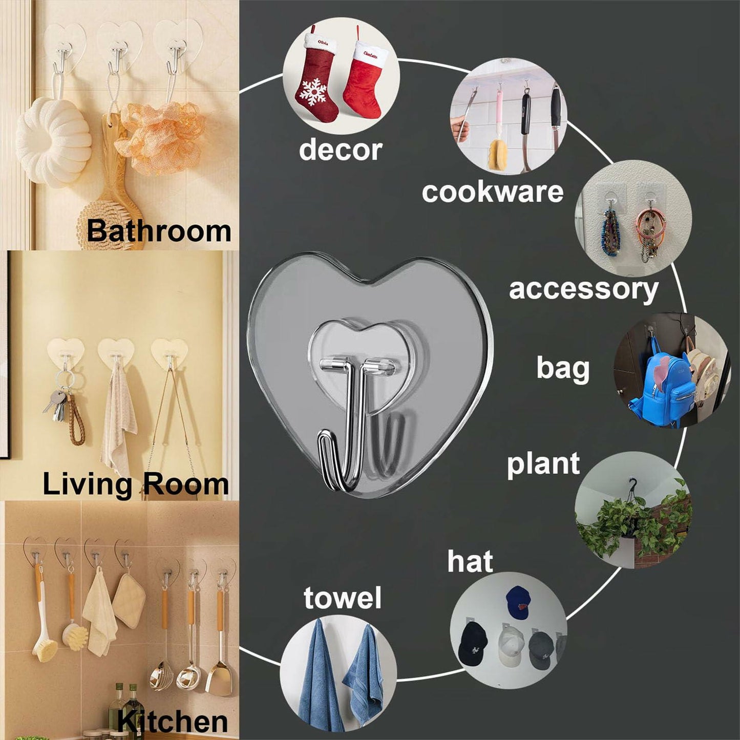 TocTen Adhesive Hooks 12 Pack Heavy Duty Clear Waterproof 30lb Max Load
