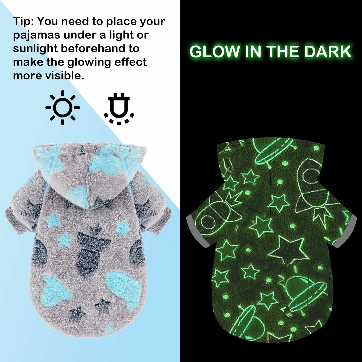 Wansommy Dog Sweater Glow in Dark Hoodie Soft Flannel Grey Rocket Size XS