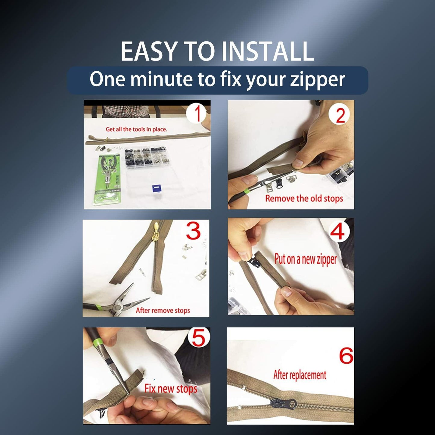 YAFIYGI 12PCS Zipper Replacement Kit Metal Plastic Nylon Coil Repair