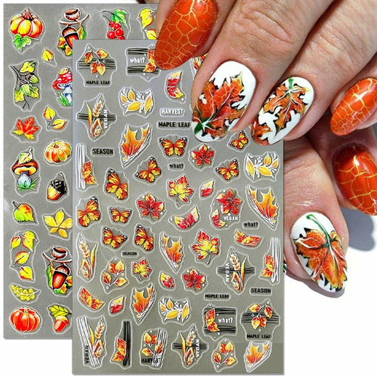 Autumn Maple Leaf 5D Nail Stickers Fall Leaves Butterfly Mushroom 6 Pcs