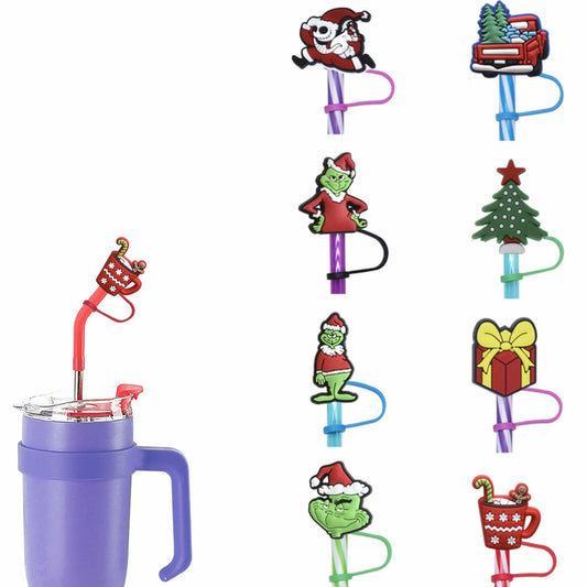 Wehnniee 8Pcs Christmas Straw Toppers 0.32in 8mm Cartoon Caps Reusable