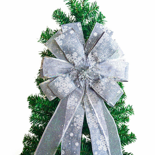 Christmas Tree Topper Bow Silver 53x13 Inch Xmas Flower Decor Indoor Outdoor