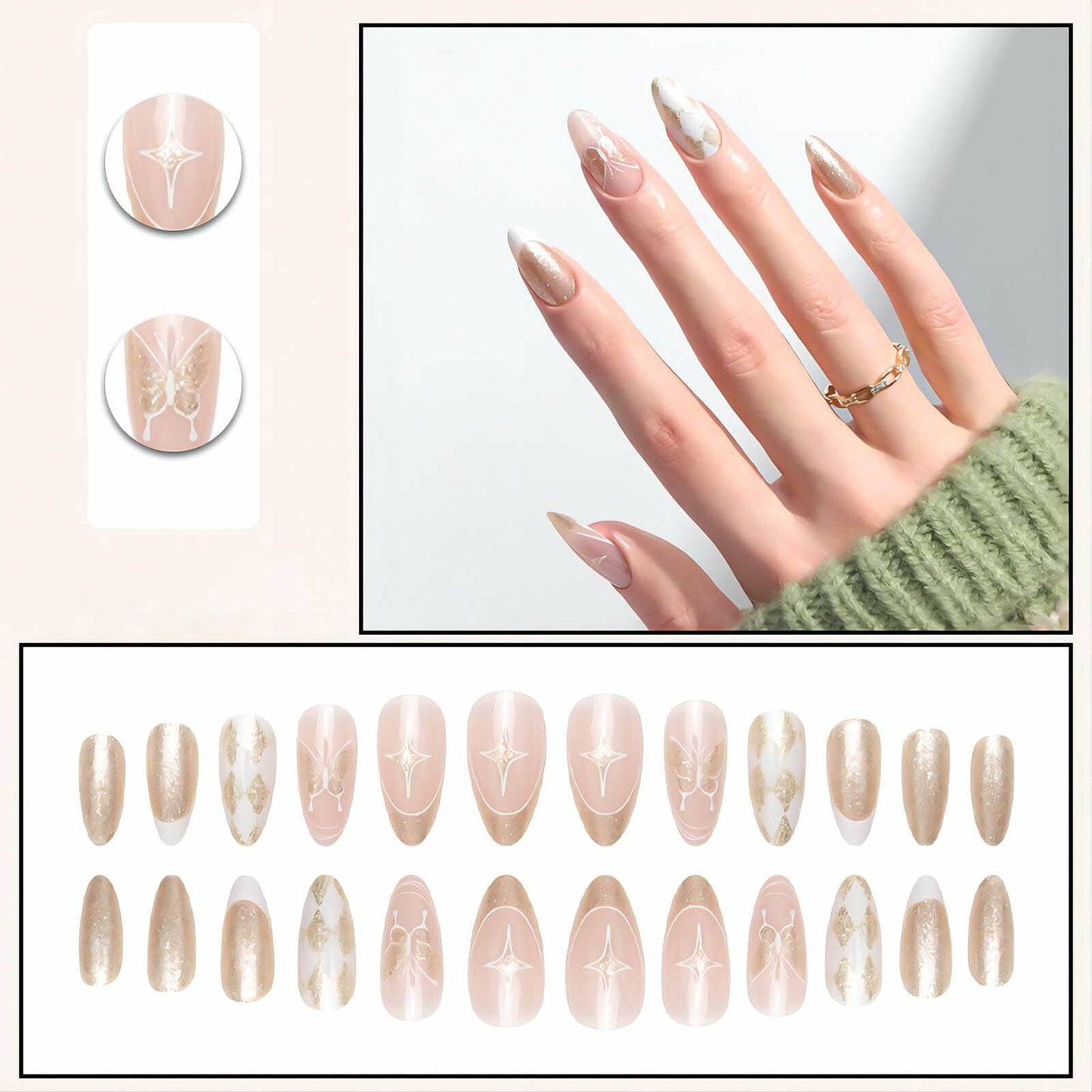 Vokupoga Press On Nails French Tip Medium Pink White Glitter 24Pcs