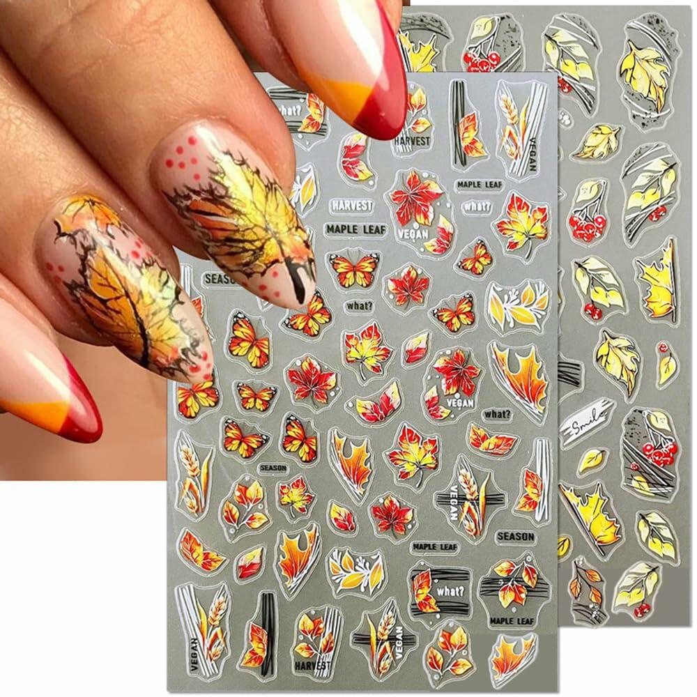 Autumn Maple Leaf 5D Nail Stickers Fall Leaves Butterfly Mushroom 6 Pcs
