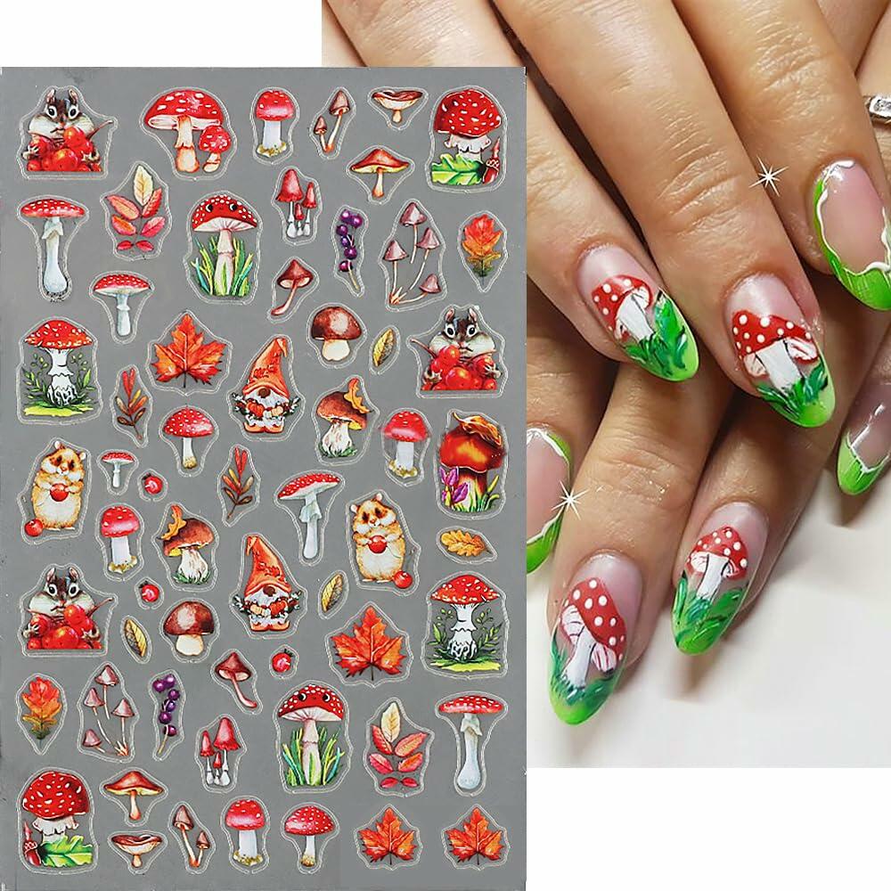 Autumn Maple Leaf 5D Nail Stickers Fall Leaves Butterfly Mushroom 6 Pcs