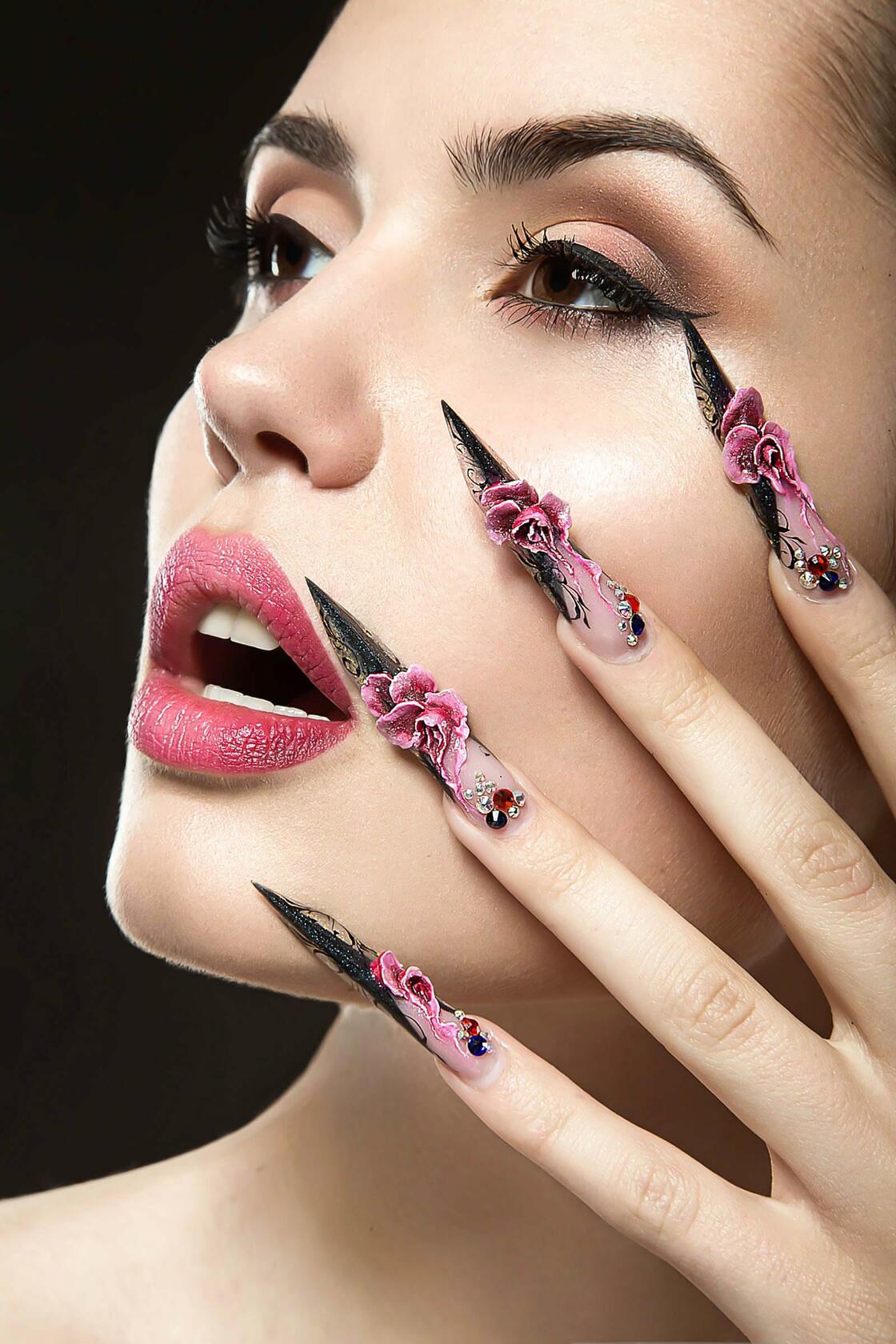 RUOKEXIN Almond Medium Pink Press On Nails Silver Glitter White Tips 24pcs