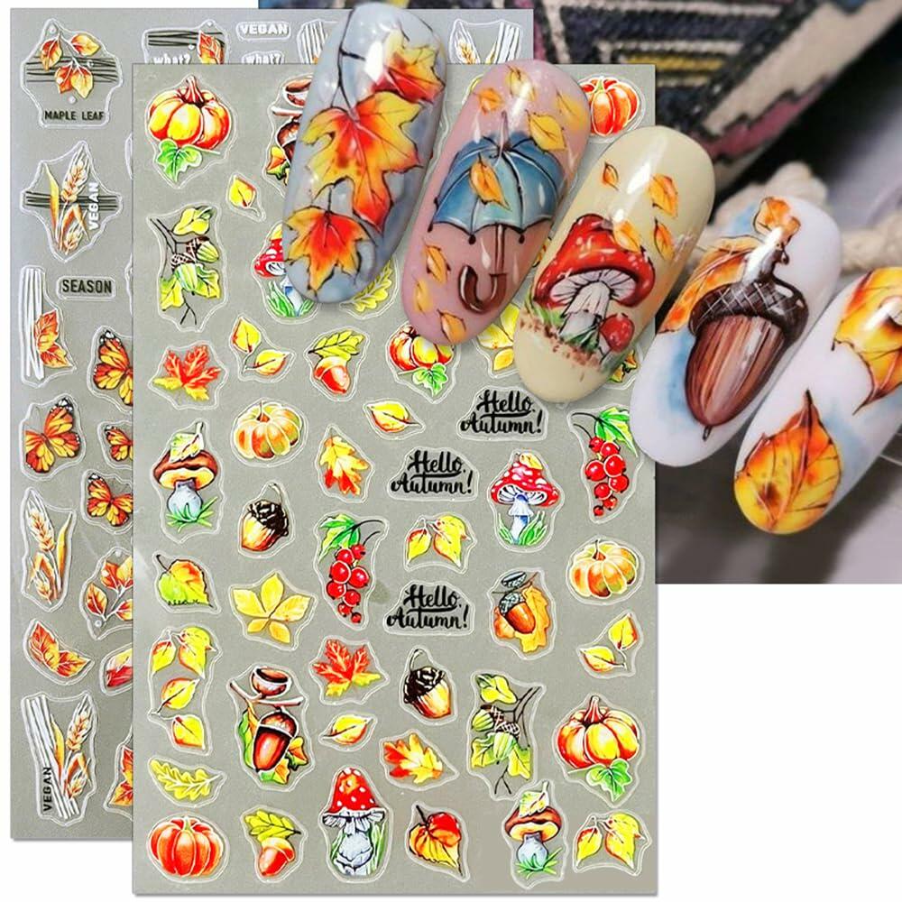 Autumn Maple Leaf 5D Nail Stickers Fall Leaves Butterfly Mushroom 6 Pcs