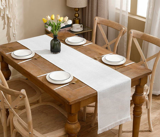 LUOYEHK Boho Table Runner With Fringe 12x108 Inch White Farmhouse Rustic