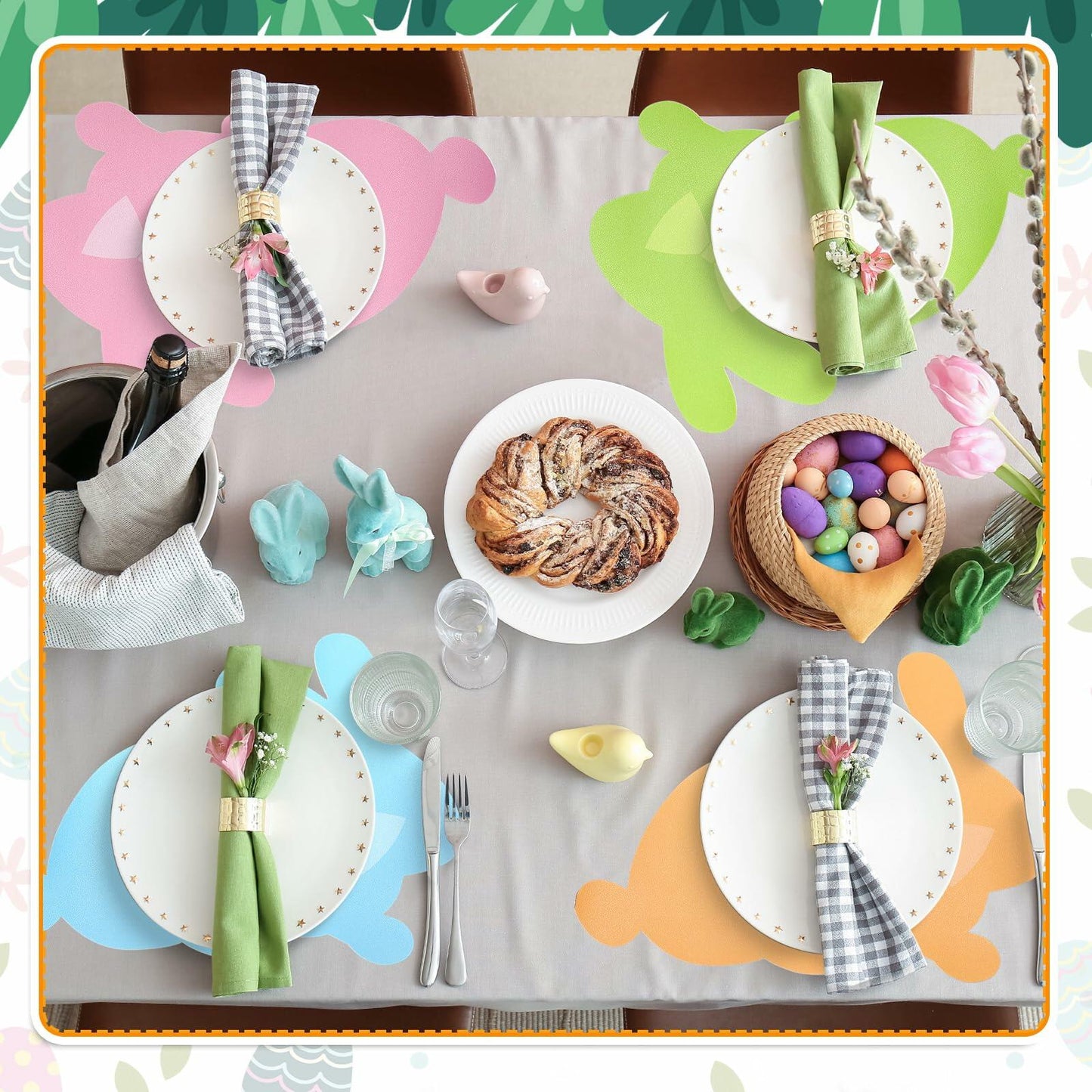 Remerry Easter Bunny Leather Placemats Set of 6 Waterproof Washable Mats
