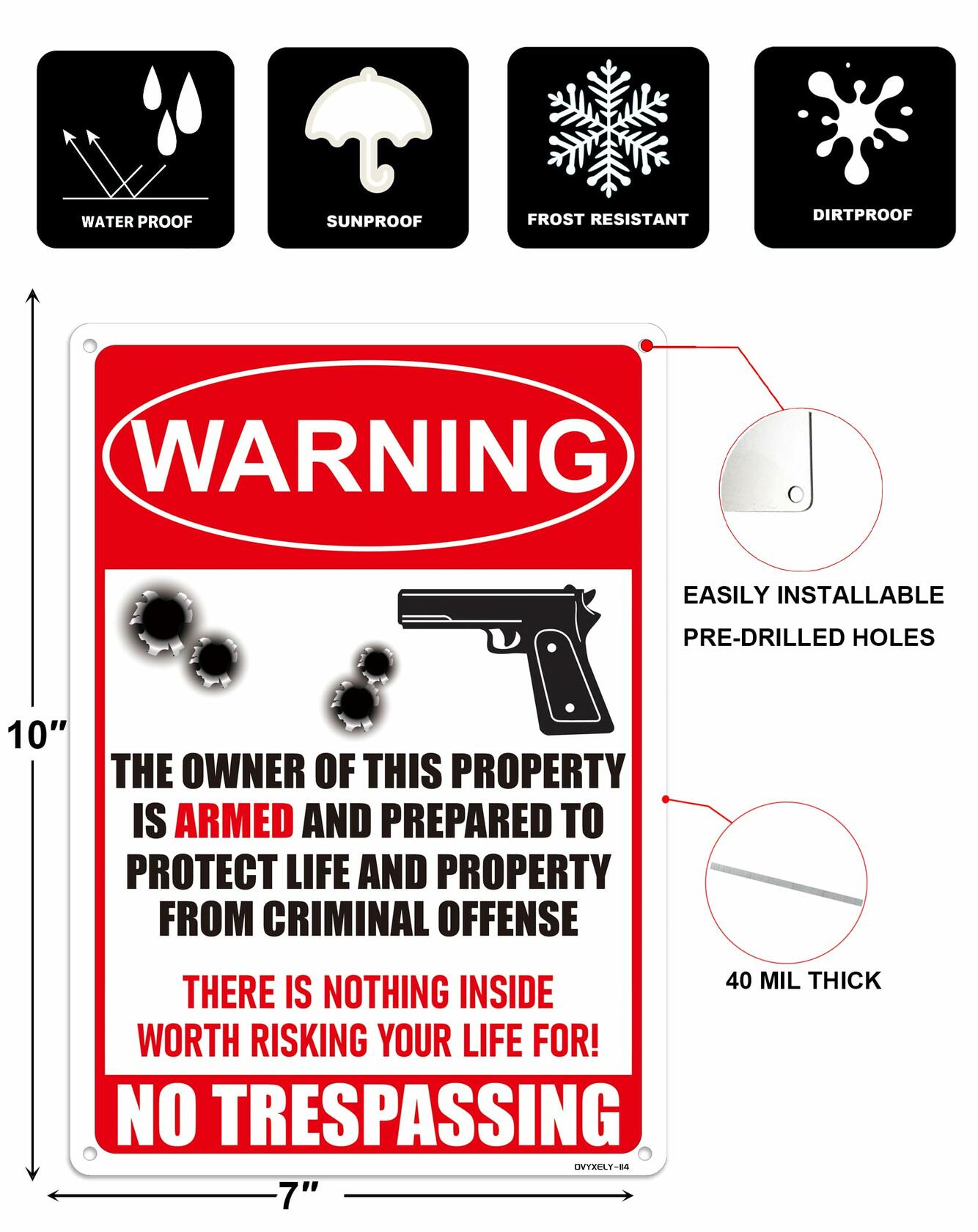 Ovyxely No Trespassing Gun Warning Sign Aluminum 10x7 Home Security