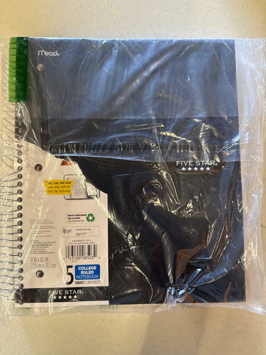 [Like_new] Five Star 5-Subject Spiral Notebook College Ruled 8.5x11 Black 200 Sheets