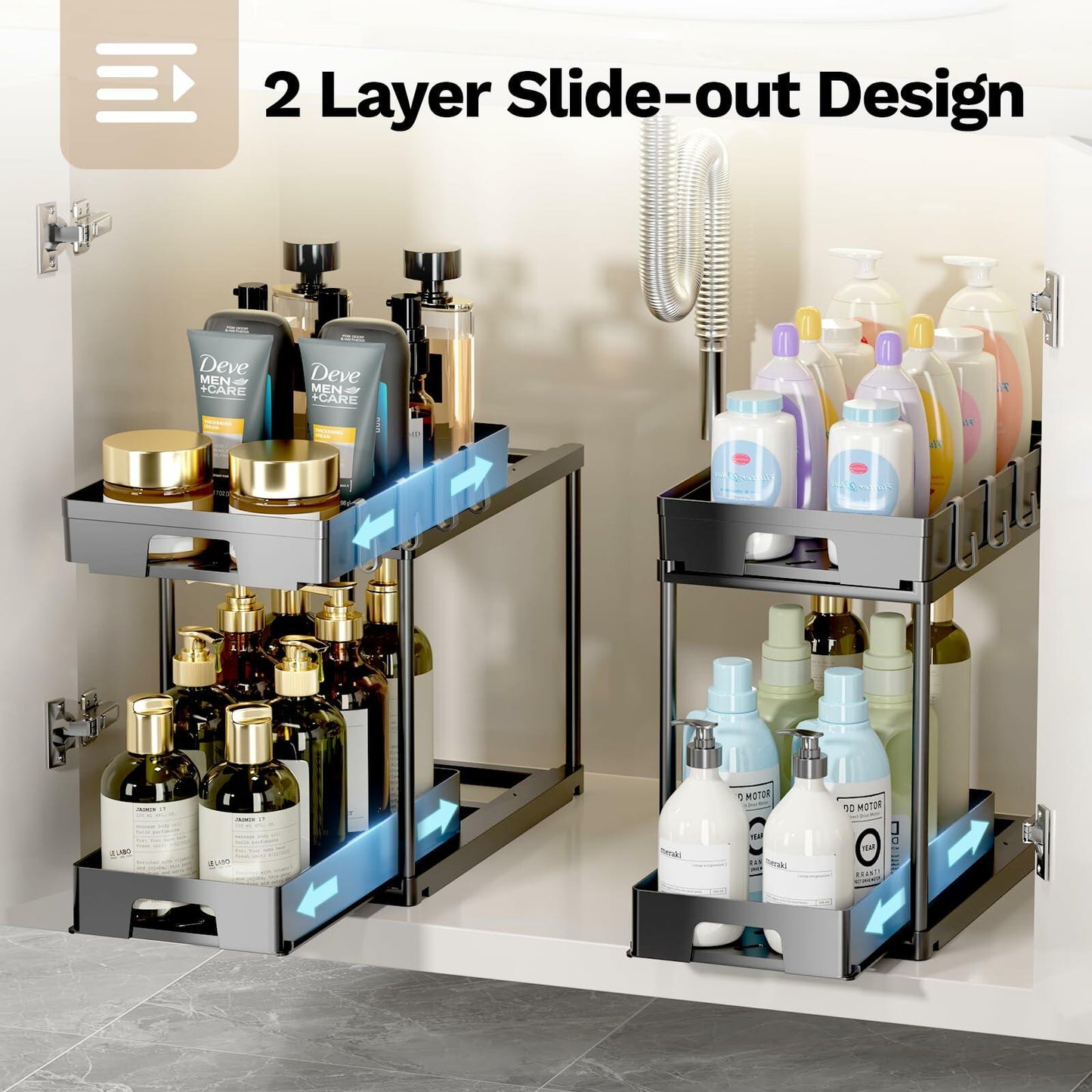 TidyLamu 2 Pack Double Sliding Under Sink Organizers 2 Tier Black