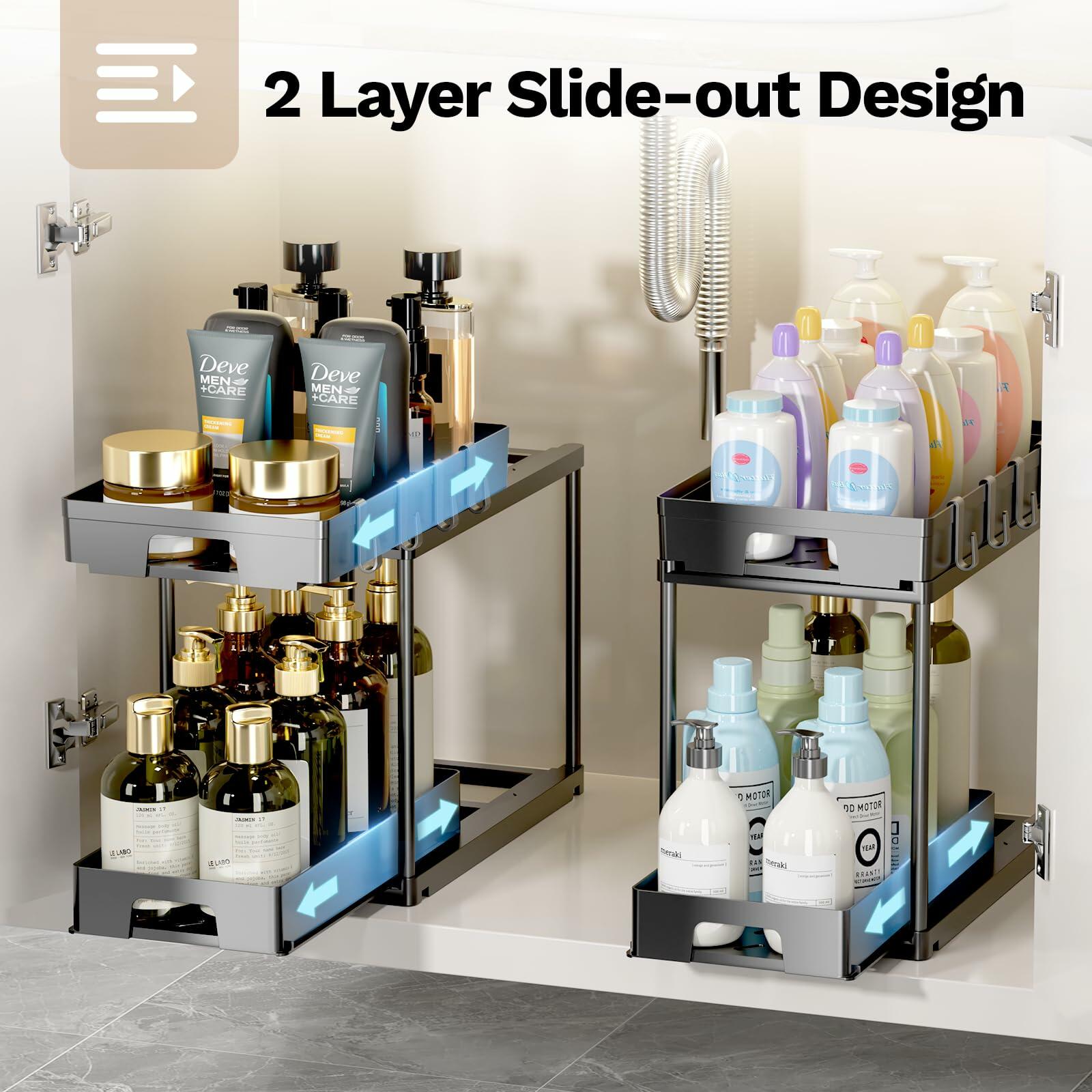 TidyLamu 2 Pack Double Sliding Under Sink Organizers 2 Tier Black