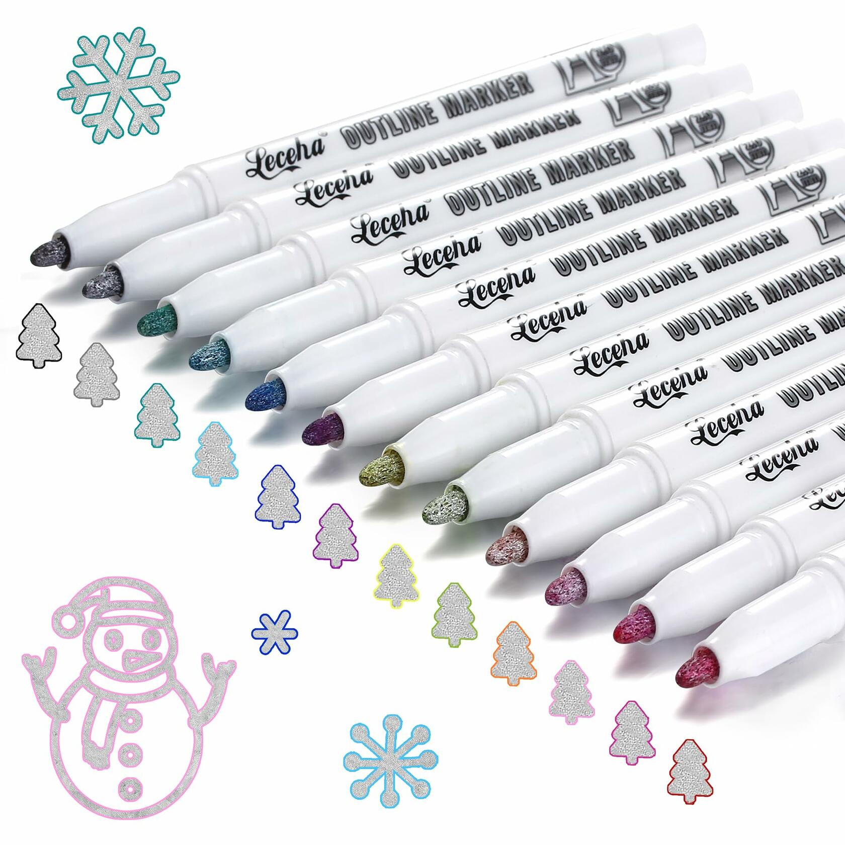 Leceha Metallic Glitter Outline Markers Pens 12 Colors Drawing Kids Teens