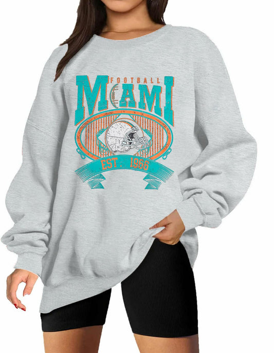 FASHGL Miami Football Sweatshirt Women Oversize Long Sleeve Light Grey XXL