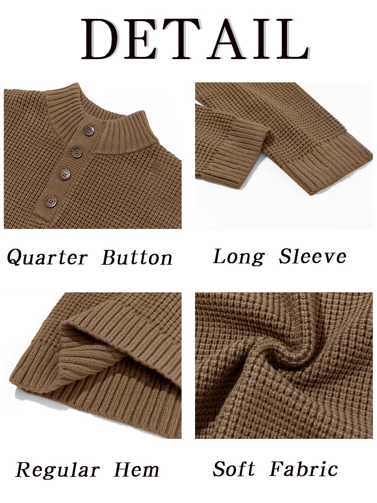 Mens Waffle Knit Pullover Sweater Quarter Button Stand Collar Brown Size XL