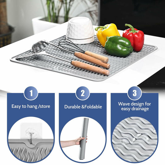 Silicone Dish Drying Mat Heat-Resistant Non-Slip Grey 15.7x17.7 Inch