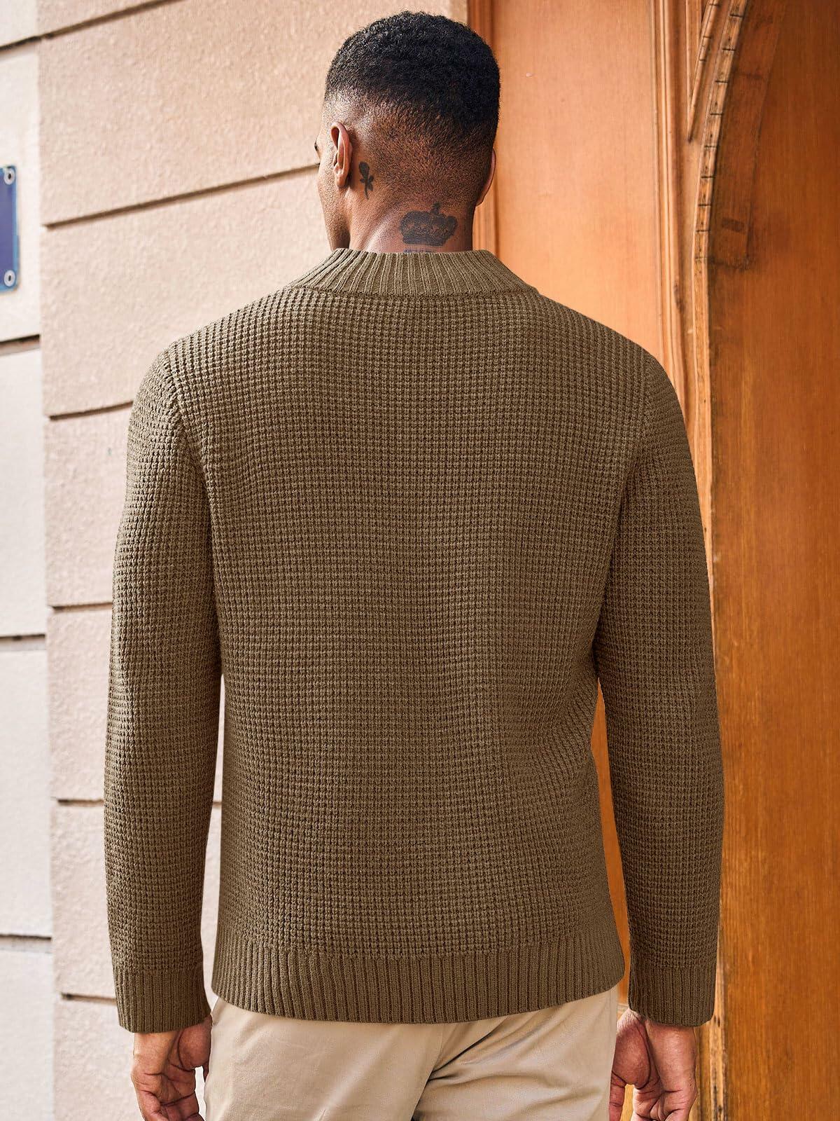 Mens Waffle Knit Pullover Sweater Quarter Button Stand Collar Brown Size XL